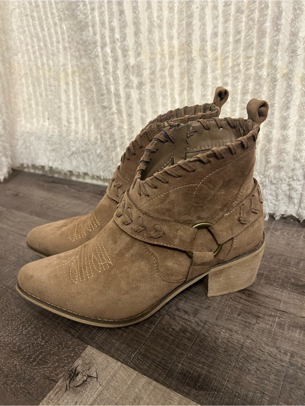 Altar'd State Taupe Brown Ankle Booties Western Boho Embroidered Suede Look